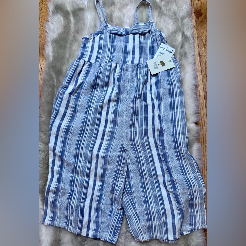 NWT Nordstrom Tucker + Tate Girl Blue White Textured Striped Jumpsuit w Bow 3T